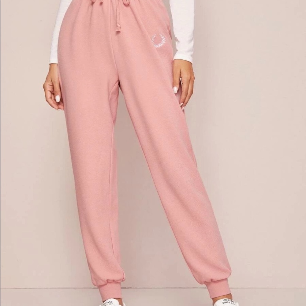 Pink embroidered leaf high-rise joggers